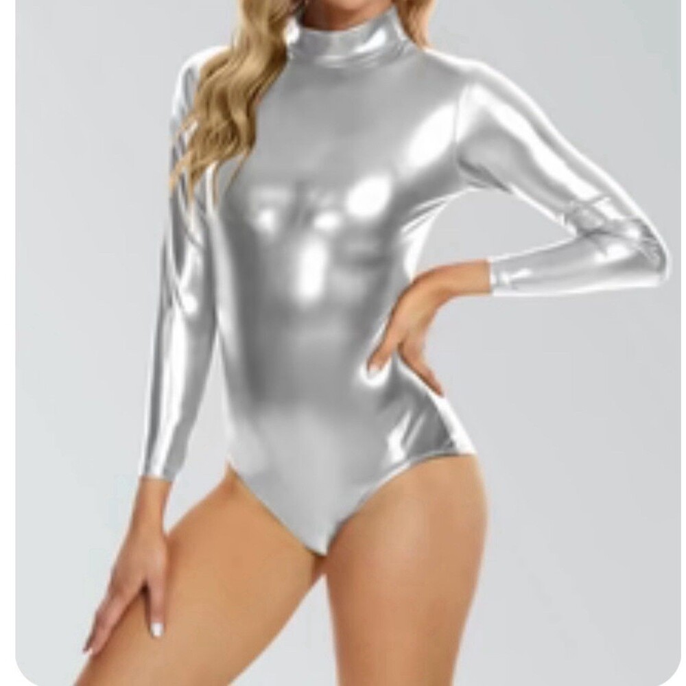 Speerise Silver Metallic Long Sleeve Mock Neck Dance Leotard Adult Small NWT